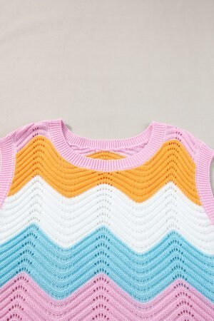 Multicolour Striped Colorblock Scalloped Hem Knitted Vest - Image 6