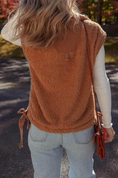 Cinnamon Faux Fur Snap Button Front Knot Side Plush Vest with Pockets