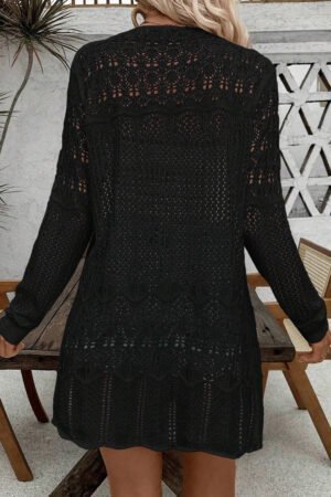 Black Crochet Hollow Out Open Front Cardigan - Image 3