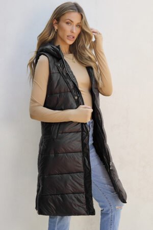 Black Hooded Long Quilted Vest Coat - Image 3
