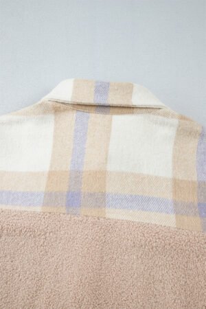 Smoke Gray Plaid Patchwork Collared Button-up Sherpa Long Coat - Image 7