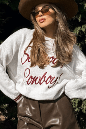 White See You Cowboy Embroidered Western Graphic Sweater - Image 4