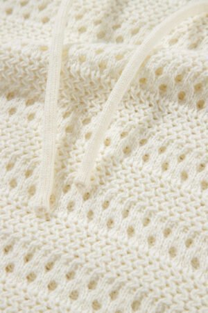 White Pointelle Knit Raglan Sleeve Hooded Sweater - Image 8