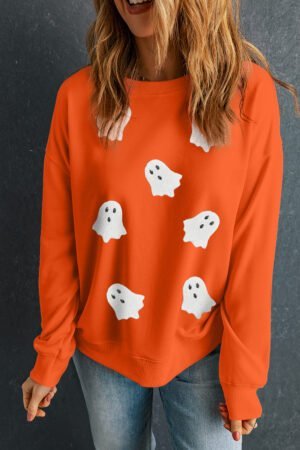 Orange Sequin Halloween Ghost Patched Drop Shoulder Sweatshirt - Image 3