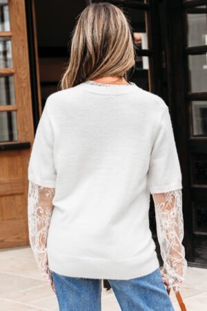 Beige Lace Sleeve Patchwork Faux Two-piece Fuzzy Sweater - Image 10