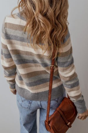 Alternative view of Gray Stripe Color Block Ribbed Edge Round Neck Sweater