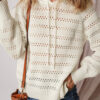 White Pointelle Knit Raglan Sleeve Hooded Sweater