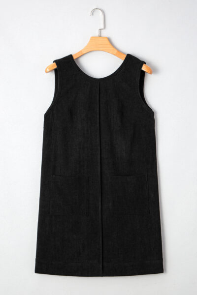 Black Corduroy Sleeveless Mini Dress With Patched Pockets