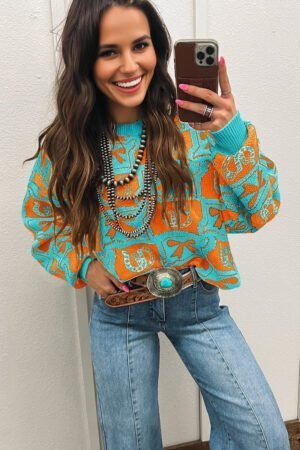 Light Blue Bows & Horseshoes Pattern Western Fashion Print Sweater - Image 2