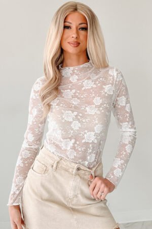 White Sheer Floral Lace Mesh Mock Neck Long Sleeve Top - Image 3