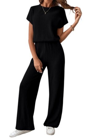 Black Ribbed Keyhole Short Sleeve Wide Leg Jumpsuit - Image 4