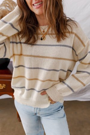 Multicolour Striped Ribbed Edge Drop Shoulder Sweater - Image 6