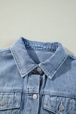 Beau Blue Ruffle Raw Hem Flap Pockets Denim Jacket - Image 7