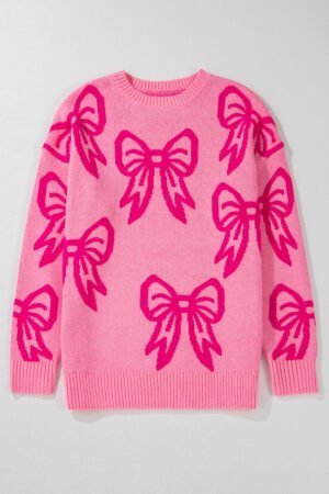 Pink Bow Pattern Drop Shoulder Loose Sweater - Image 5