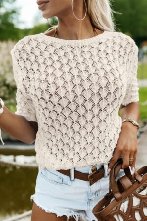 Beige Hollow Out Crochet O Neck Short Sleeve Sweater Tee - Image 7