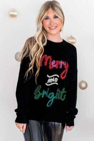 Black Tinsel Merry and Bright Graphic Christmas Sweater - Image 2