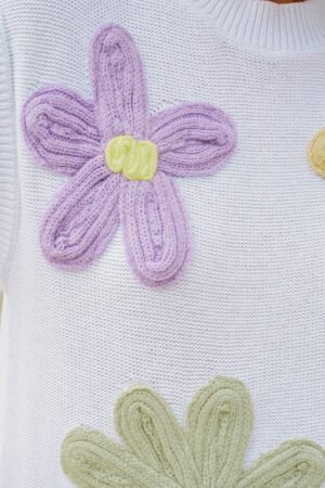 White Multi Crochet Flower Knit Short Sleeve Sweater Tops - Image 5