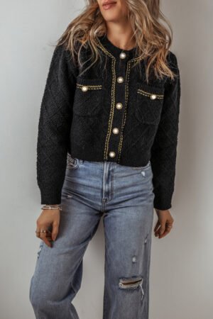 Black Shimmer Flap Pocket Button up Cardigan - Image 2