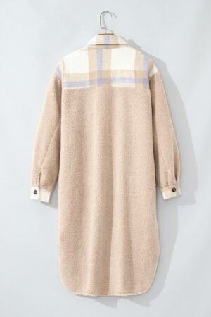 Smoke Gray Plaid Patchwork Collared Button-up Sherpa Long Coat - Image 5