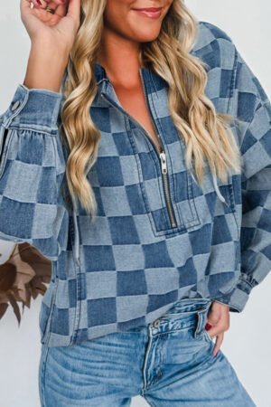 Sky Blue Checkerboard Zipped Neck Kangaroo Pocket Denim Hoodie