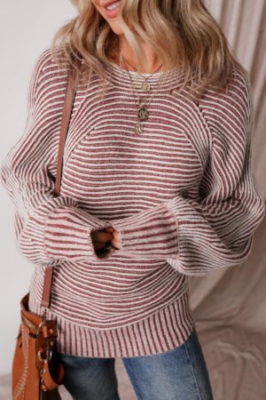 Red Dahlia Striped Print Ribbed Knit Boat Neck Baggy Sweater - Image 3