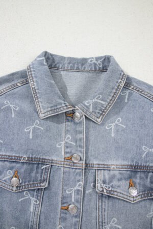 Sky Blue Bow Knot Print Light Wash Raw Hem Denim Jacket - Image 8