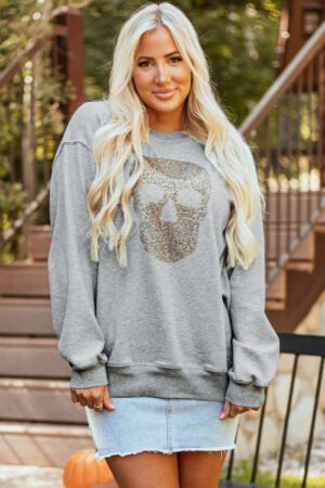 Light Grey Rhinestone Skull Graphic Drop Shoulder Sweatshirt - Image 3