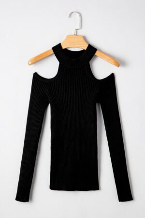 Black Ribbed Knit Cold Shoulder Choker Neck Sweater - Image 5