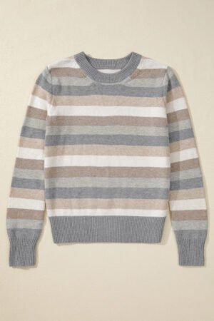 Gray Stripe Color Block Ribbed Edge Round Neck Sweater - Image 4