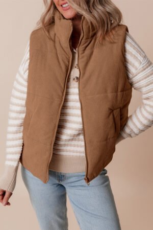 Coffee Corduroy Stand Neck Zipped Puffer Vest - Image 4