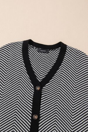 White Stripe Buttoned Front V Neck Herringbone Cardigan - Image 7