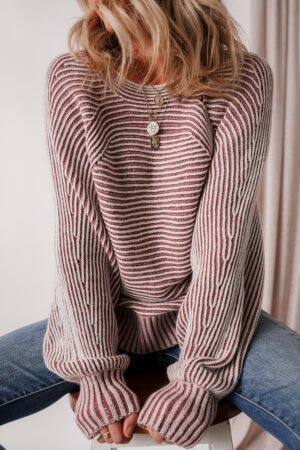 Red Dahlia Striped Print Ribbed Knit Boat Neck Baggy Sweater - Image 4