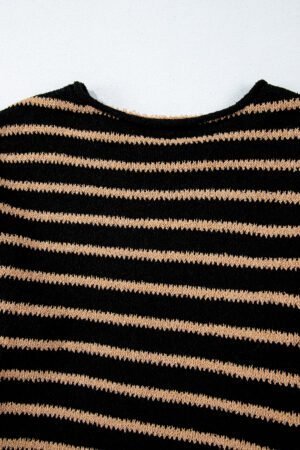 Black Stripe Drop Shoulder Round Neck Loose Sweater - Image 7