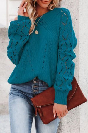 Blue-3 Hollow-out Puffy Sleeve Knit Sweater - Image 4