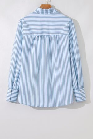 Sky Blue Stripe Shirred Detail Half Placket Collared Long Sleeve Fall Shirt - Image 6