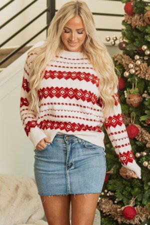 White Western Geometric Patterned Crew Neck Loose Sweater - Image 3