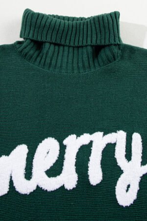 Blackish Green Merry Letter Embroidered High Neck Sweater - Image 6