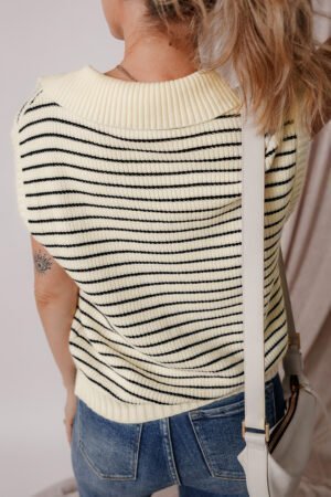 Beige Stripe Turn-down V Neck Sweater Tank Top - Image 2
