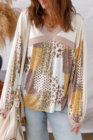 White Floral Printed Contrast Patchwork Long Sleeve Top