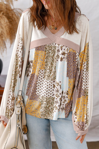 White Floral Printed Contrast Patchwork Long Sleeve Top