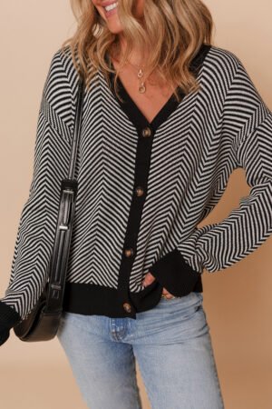 White Stripe Buttoned Front V Neck Herringbone Cardigan - Image 5