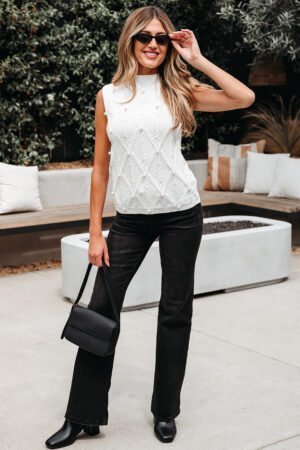 White Pearled High Neck Textured Knit Sweater Vest - Image 13