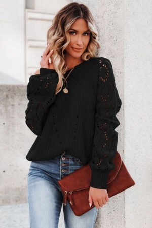 Black Hollow-out Puffy Sleeve Knit Sweater - Image 4