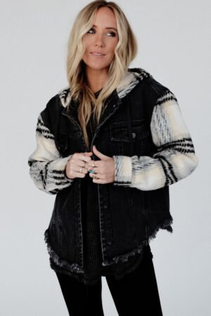Black Plaid Sleeve Frayed Hem Hooded Denim Jacket - Image 5