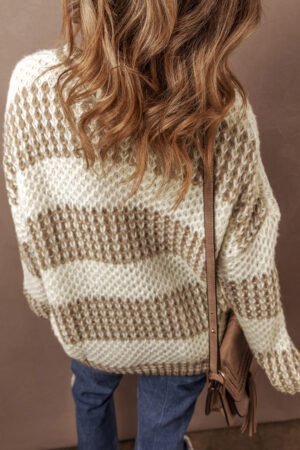 Brown Stripe Drop Shoulder Round Neck Loose Sweater - Image 3