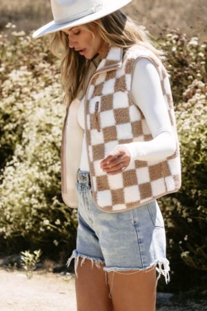 Alternative view of Khaki Checkered Sherpa Collared Jacket Vest