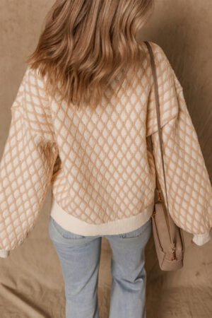 Smoke Gray Rhombus Textured Knit Mock Neck Sweater - Image 3