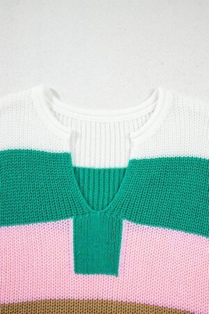 Multicolour Color Block Notch V Neck Sweater T Shirt - Image 8