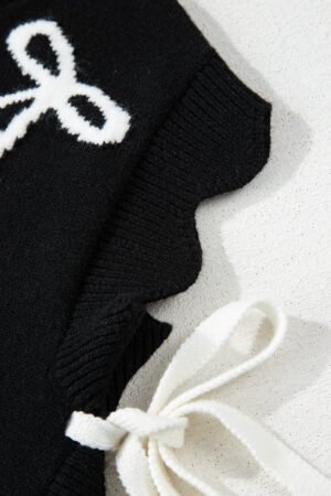 Black Bow Print Side Ties Scalloped Hem Sweater T Shirt - Image 8