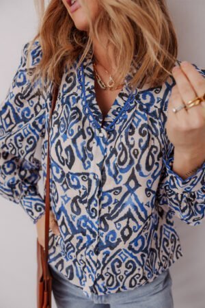 Blue Bohemian Print Embroidered V Neckline Detail Long Sleeve Shirt - Image 3